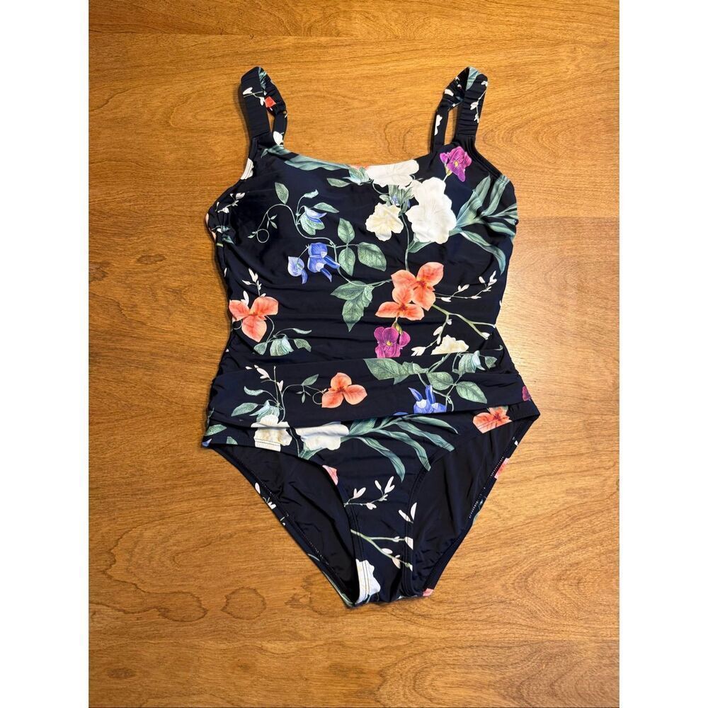 Jantzen Women's Botanical Floral Ruched Wired One-Piece Swimsuit Black Size 12
